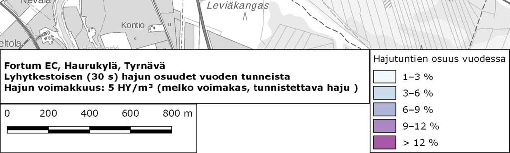 Hajupitoisuuksien 3 HY/m 3 (selvä, tunnistettava haju) ja 5 HY/m 3 (melko voimakas, tunnistettava haju)