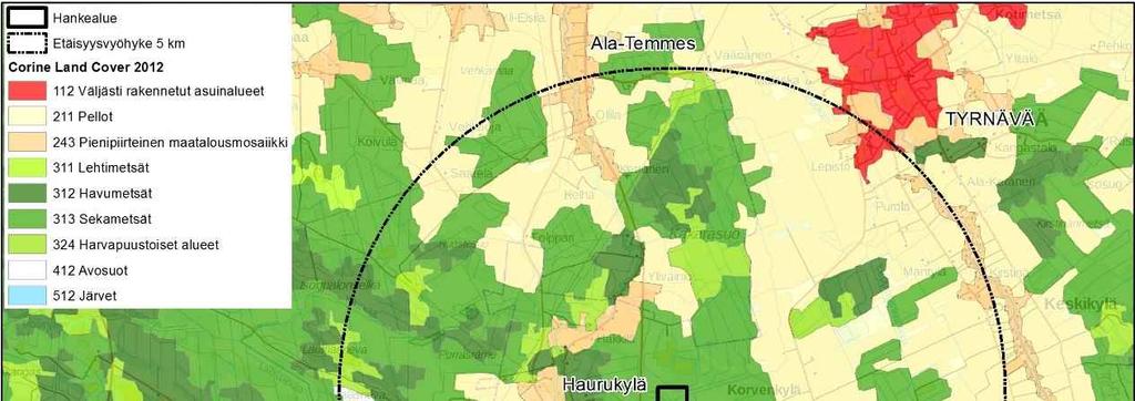 Kuva 10-2. Teollisuusjätekeskuksen ja sen lähiympäristön maankäyttö Corine2012 -aineiston mukaan.