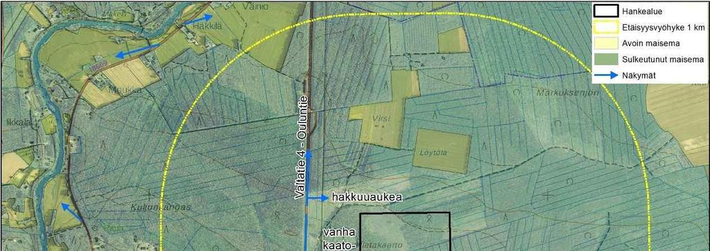 Kuva 10-9. Hankealueen lähiympäristön avoimet ja sulkeutuneet alueet sekä tärkeimmät näkymät.