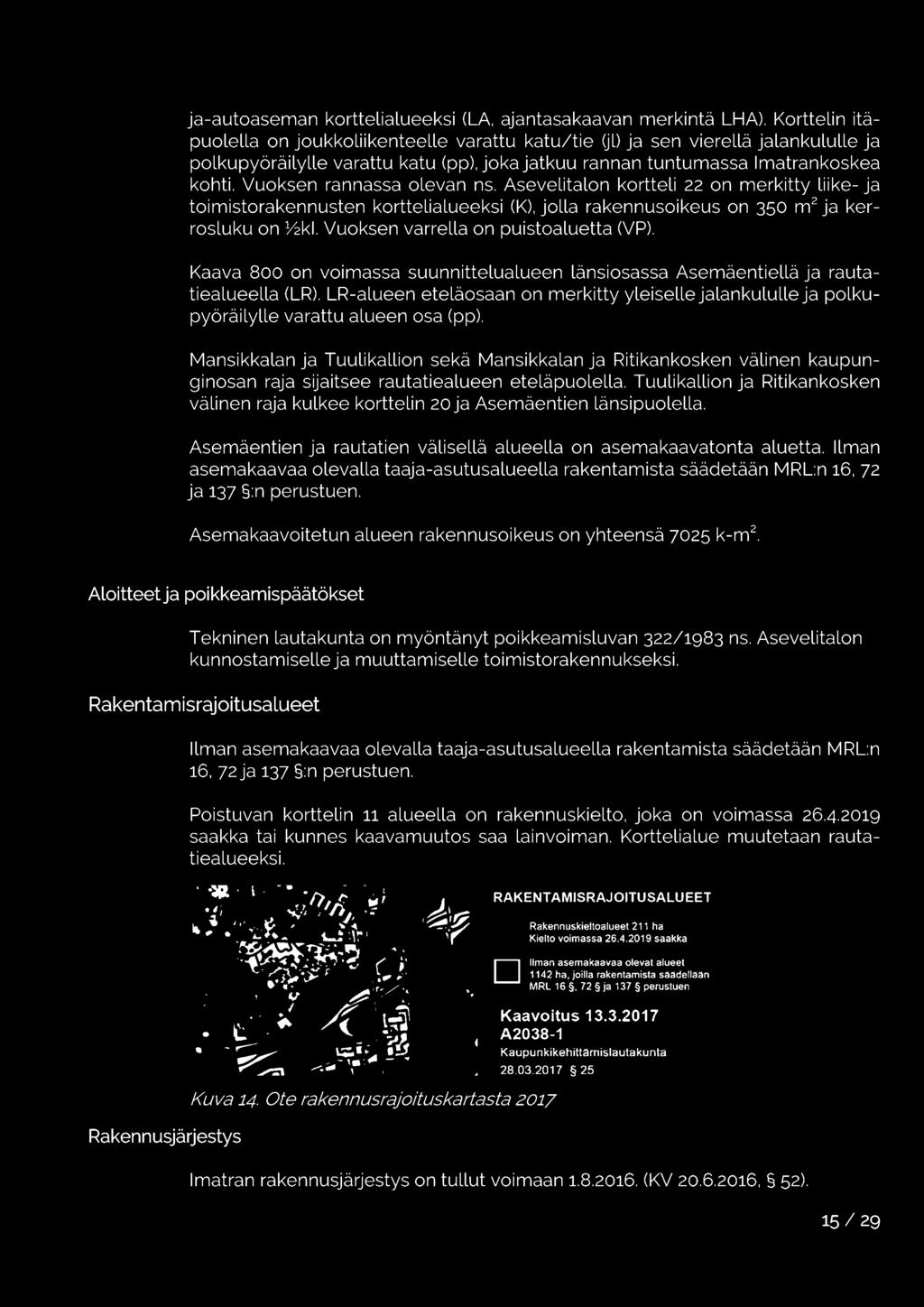Vuoksen rannassa olevan ns. Asevelitalon kortteli 22 on merkitty liike- ja toimistorakennusten korttelialueeksi (K), jolla rakennusoikeus on 350 m 2 ja kerrosluku on Y2kl.