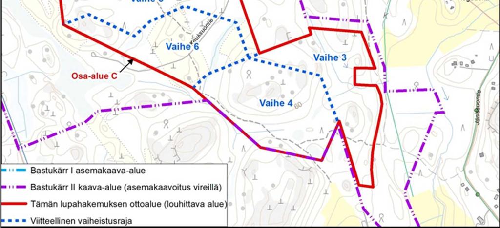 Osa-alueen B nykytilanne ja suunnitelma on esitetty piirustuksessa S7A ja poikkileikkaukset piirustuksessa S9A. Louhinnan jälkeinen tilanne ja täyttömäki on esitetty piirustuksessa S8A. Kuva 4.