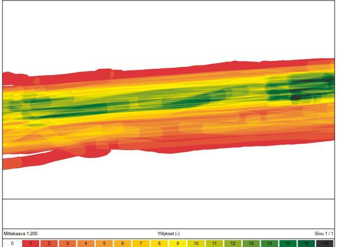 9 Laitteen keräämän datan perusteella ylityskertojen (kuva 5.) määrä pilottikohteella on ollut suurelta osin vähintäänkin riittävä, samoin työkoneiden paikannuksen tarkkuus oli riittävän hyvä.
