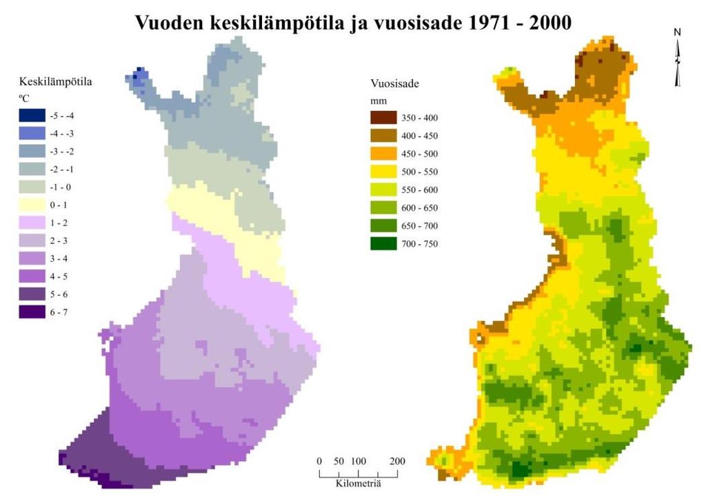 15 Kuva 3 Suomen keskilämpötila ( C) ja keskimääräinen vuosisade (mm) vertailukaudella 1971 2000 (Lähde: Ilmatieteenlaitos 2016).