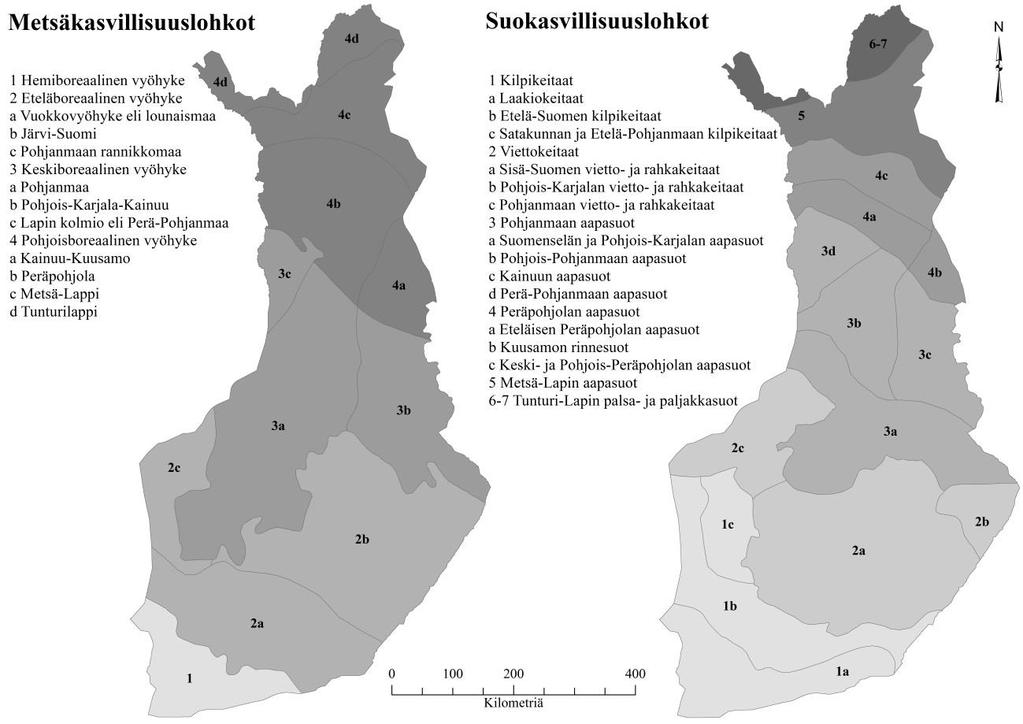 16 Kuva 4 Metsä- ja suokasvillisuusvyöhykkeet sekä niiden alalohkot (Lähde: SYKE 2015).
