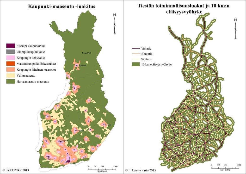 19 Kuva 6 Vasemmalla kaupunki-maaseutu -luokitus, joka kuvaa alueiden välisiä eroja aluerakenteen tasolla.