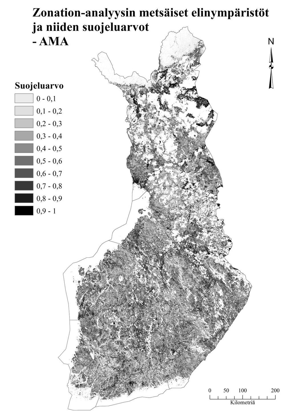 Kuva 10 Zonationin alueellisen metsäisten elinympäristöjen analyysin (AMA) tulokset karttaesityksenä.
