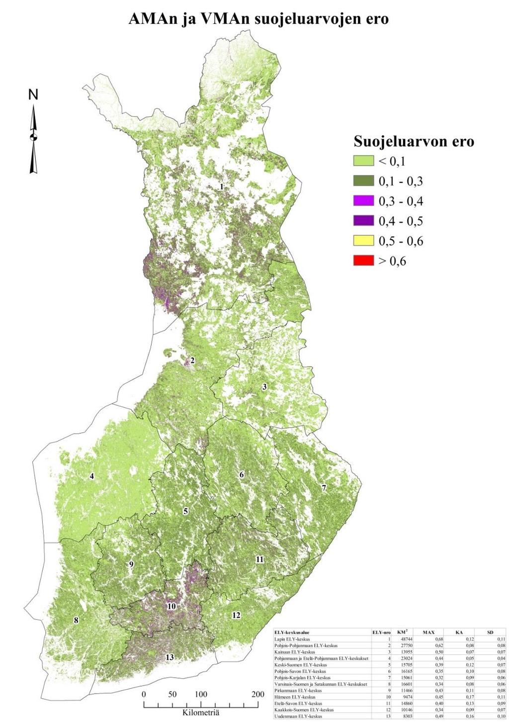 27 VMA:n ja AMA:n suojeluarvojen absoluuttinen ero näkyy kuvan 11 kartalla.