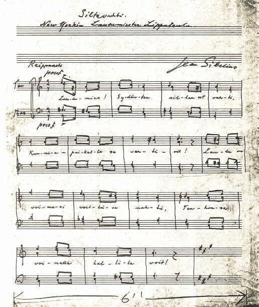 Sibeliuksen nuotit, Siltavahti, lippulaulu Amerikan laulajille, 1928. Lähde: Siirtolaisuusinstituutti. Koska meillä oli paljon laulajia siihen aikaan, päätimme pitää matkaa varten oikein laulukokeet.
