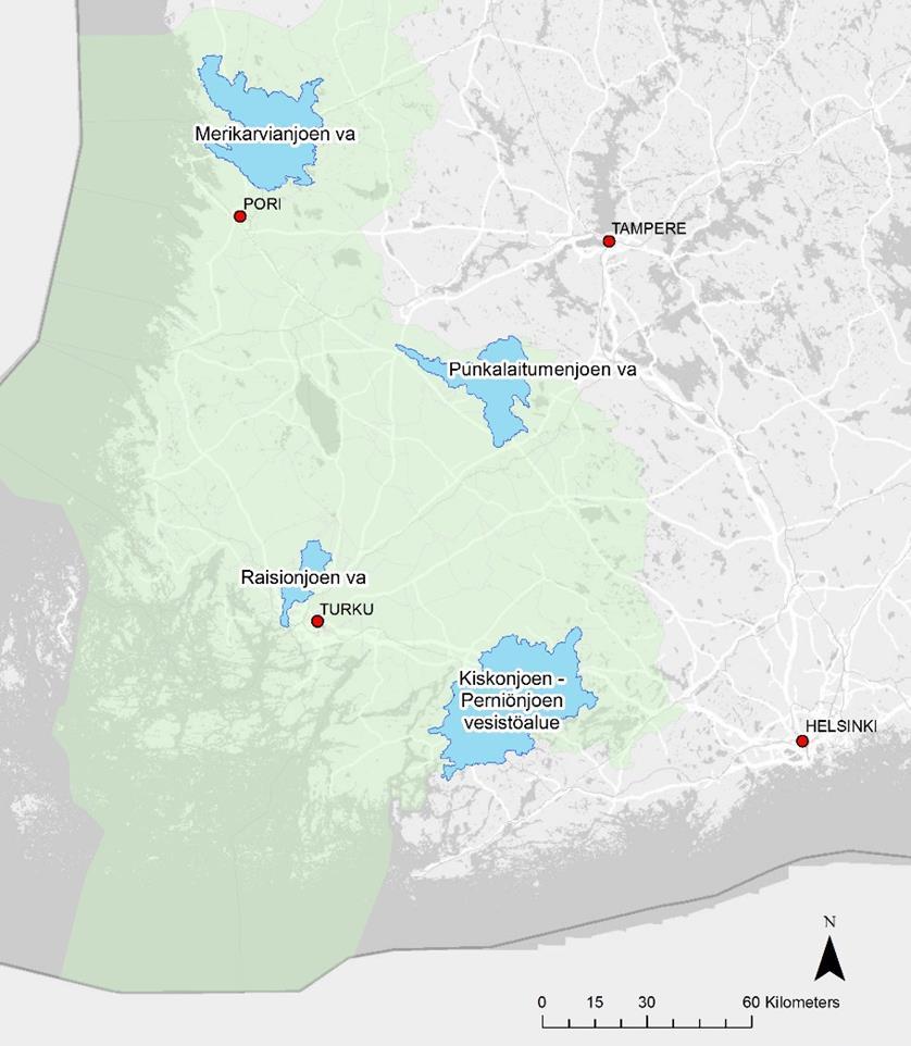 Kuva 1. KOTOMA hankealue (vihreä) ja valitut pilottialueet(sininen) RUSLE2015-eroosiomallin pohjalta aloitettiin paikkatietotyön tekeminen valituille pilottialueille.