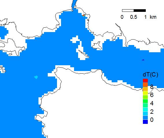 VESISTÖVAIKUTUKSET Lämpötila Purkupaikalla lämpötilan nousu enimmillään 6-8 C pinnassa Veden lämpötila nousee 1 asteen verran 1 1,5 km:n