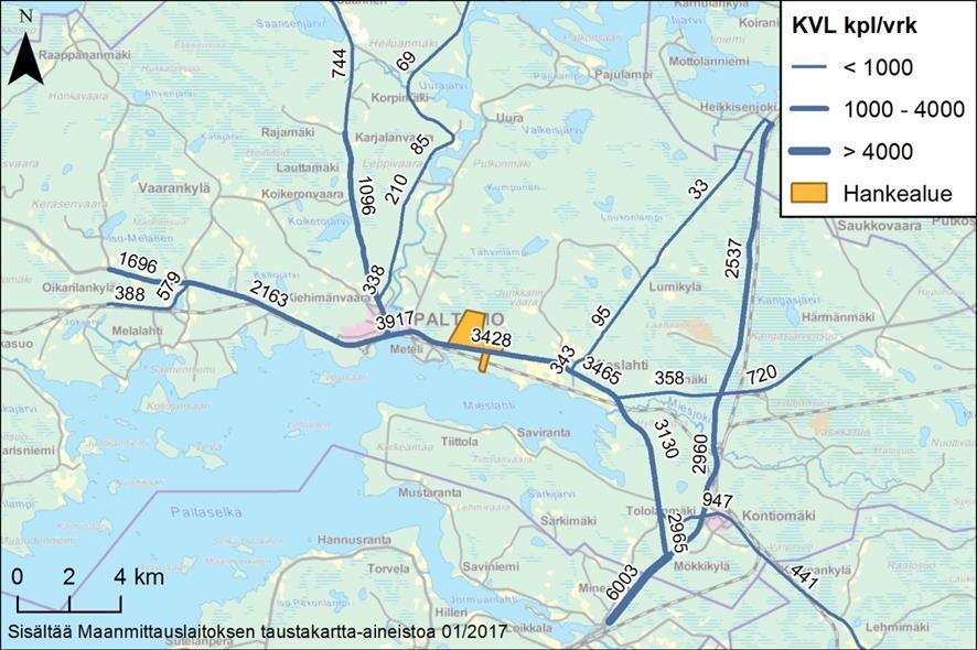 LIIKENNEVAIKUTUKSET Liikennemäärät nykytilassa Nykyinen (2016) tieliikennemäärä hankealueen kohdalla vt 22:lla (Kajaanintiellä) 3 400 kpl/vrk, josta
