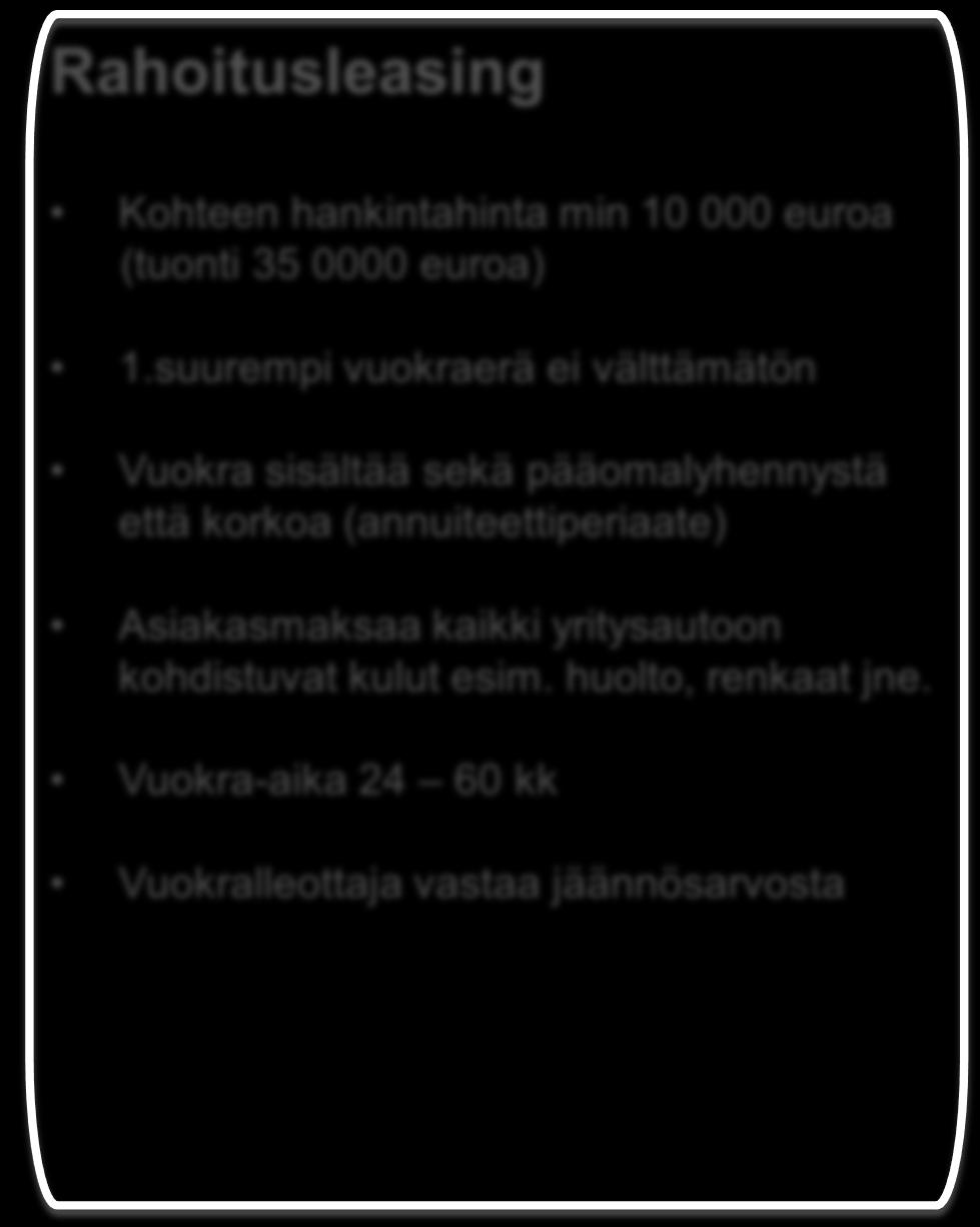 Sopimusehdot Rahoitusleasing Huoltoleasing Kohteen hankintahinta min 10 000 euroa (tuonti 35 0000 euroa) 1.