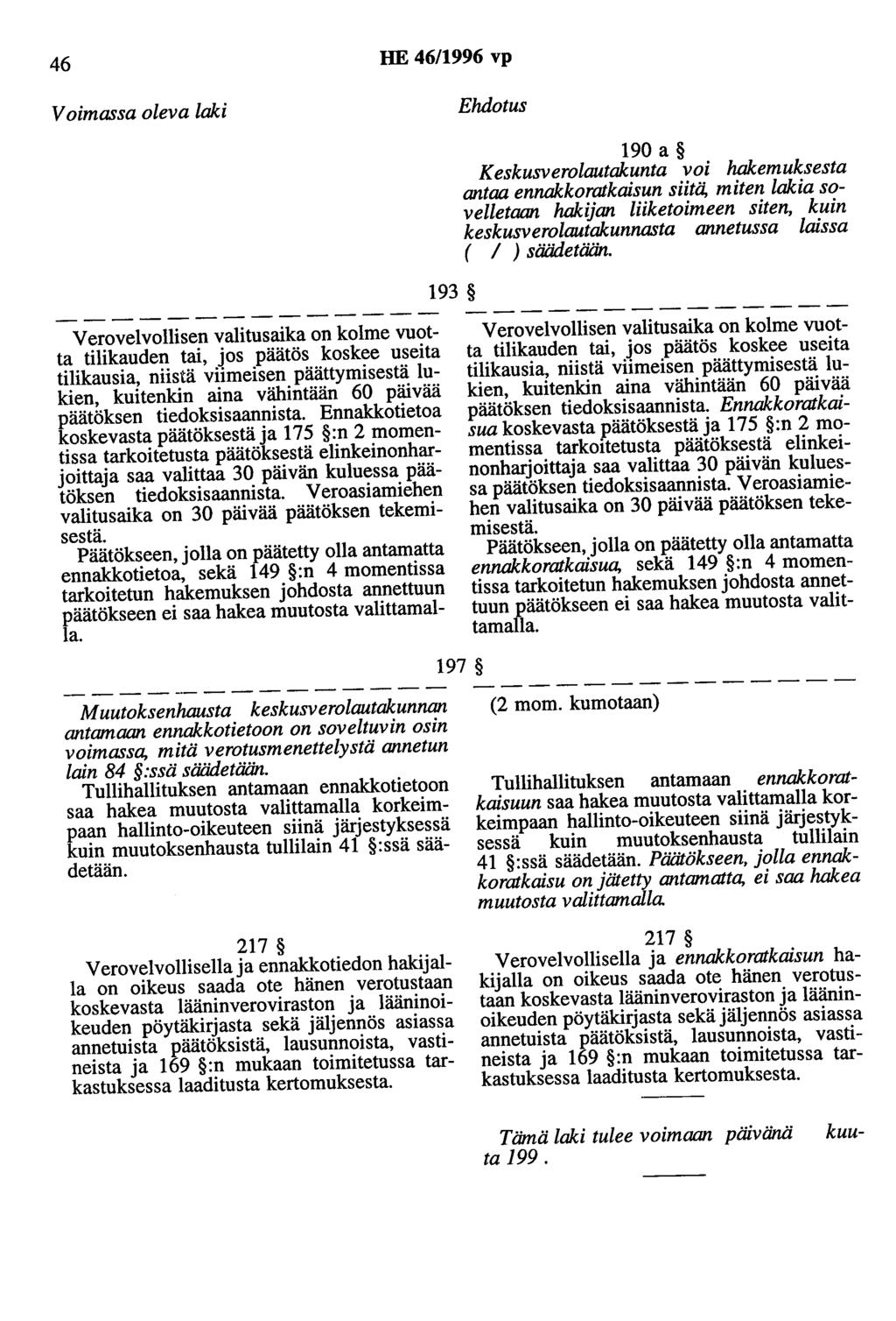 46 HE 46/1996 vp 193 190 a Keskusverolautakunta voi hakemuksesta antaa ennakkoratkaisun siitä, miten lakia sovelletaan hakijan liiketoimeen siten, kuin keskusverolautakunnasta annetussa laissa ( 1 )