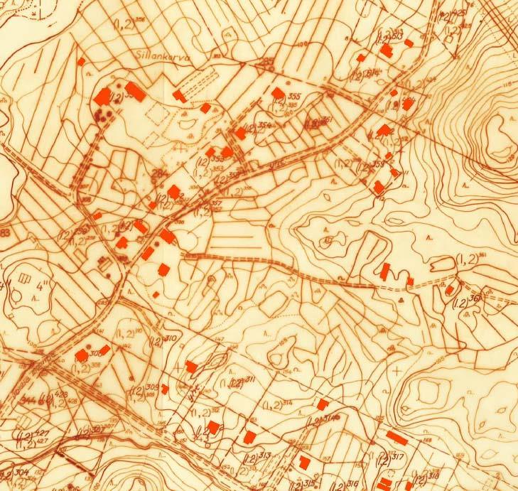 2 Ote Kuljun 1930-luvun alun asutusta kuvaavasta kartasta. Linnajärventien itäosan alueella sijaitsevat Toukolehdon talo sekä Yrjölä, joka oli Kuljun kartanon torppa.