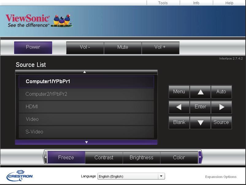 Crestron-ohjaus Crestron (econtrol) -sivu näyttää Crestron econtrol -käyttäjän liitännän. econtrol-sivu tarjoaa joukon virtuaalisia näppäimiä ohjaamaan projektoria tai säätämään projisoituja kuvia.