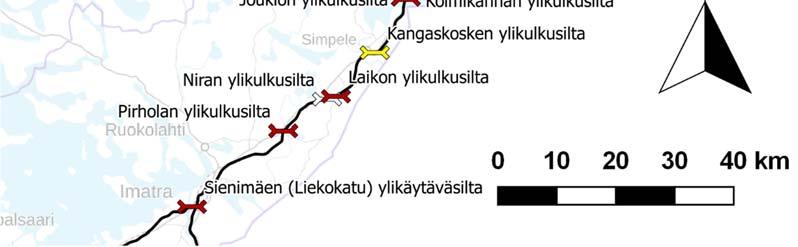 Kun alittavan liikenteen nopeus on 160 200 km/h, ylikulkusillan tai -käytävän