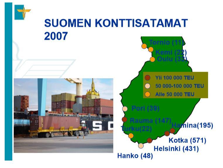 Suomessa selkeää nollasummapeliä jossa häviävä osapuoli On ollut KOTKA HAMINA satamayhtymä vv 2007-2017 Kaupunki Kontti määrä 2007 Kontti määrä 2017 Huomiot KotkaHamina 766 000 686 537-14,5% Helsinki