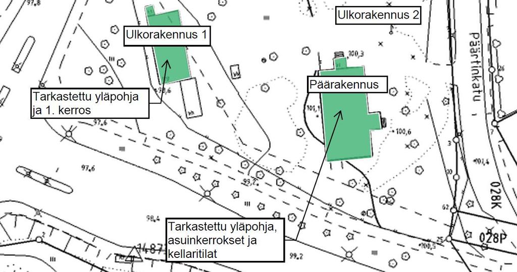 Tiiliverhoiltu rakennus Asuinrakennus, eristetty Tiivis, ei pääsyä tuuletustilaan. Ei tuuletustilaa. Kuva 4. Tilan rakennukset sekä rakennusten tyypit sekä tehdyt tarkastukset.