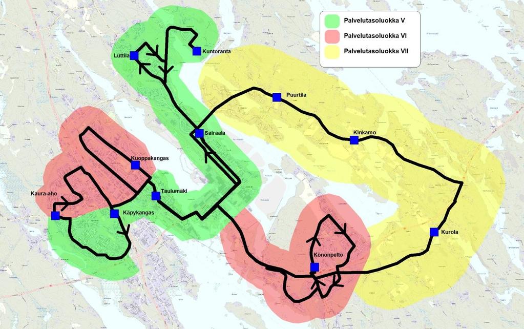 Varkauden paikallisliikenteen palvelutaso Varkauden paikallisliikenteen toiminta-alueella on Liikenneviraston palvelutasoluokkien kriteerien pohjalta tarkasteltuna kolmen tasoisia alueita, jotka