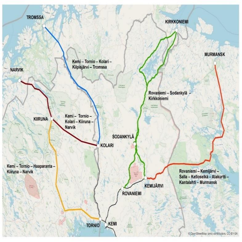 Tutkitut linjausvaihtoehdot Viisi linjausvaihtoehtoa Kemi Tornio Narvik (633 km) Kemi Kolari Narvik (543 km) Kemi Kolari Skibotn/Tromssa (519km/610km, tunneleita 225 km) Rovaniemi/Kemijärvi