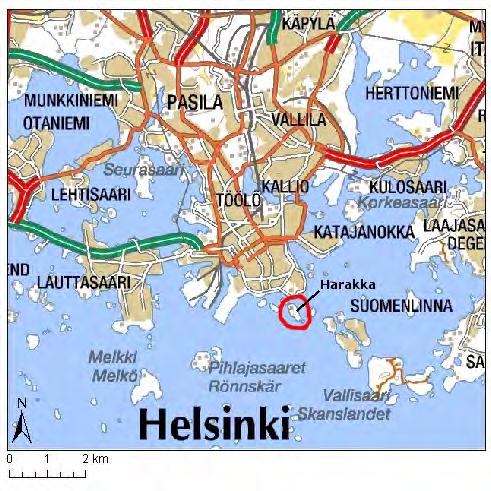 4 Harakan yleiskuvaus 4.1 Luonnonsuojelualueiden sijainti, koko ja rauhoituksen tarkoitus Harakka sijaitsee Etelä-Helsingissä, alle sadan metrin päässä Kaivopuisto rannasta (kuva 1).