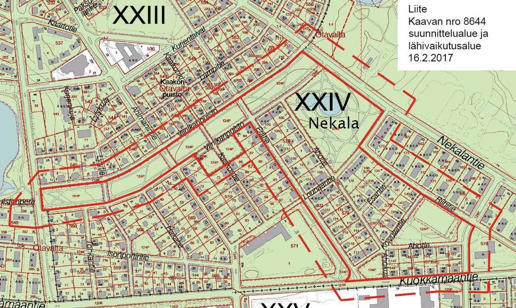 Kartta. Kaavan nro 8644 suunnittelu- ja lähivaikutusalue Nekalan Viinikan kaupunginosissa.