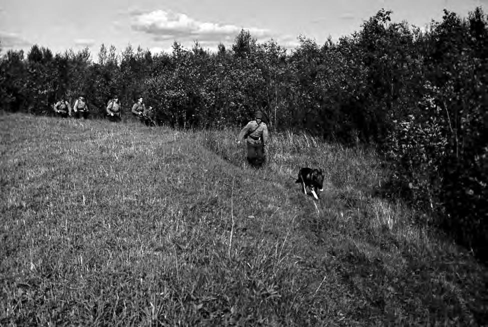 KAUKOPARTIOINTIA JA TIEDUSTELUA VIHOLLISEN SELUSTASSA Tiedustelupartio jäljittämässä vihollisen desantteja Syvärin lohkolla syyskuussa 1942. Kuva SA-kuva. nasta.