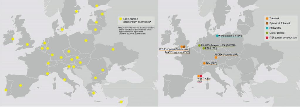 4 2017 Vasemmalla EUROfusionin jäsenmaat on merkitty tummanharmaalla ja kunkin konsortion jäsenen (ns. Research Unit) kotipaikka keltaisella ympyrällä.