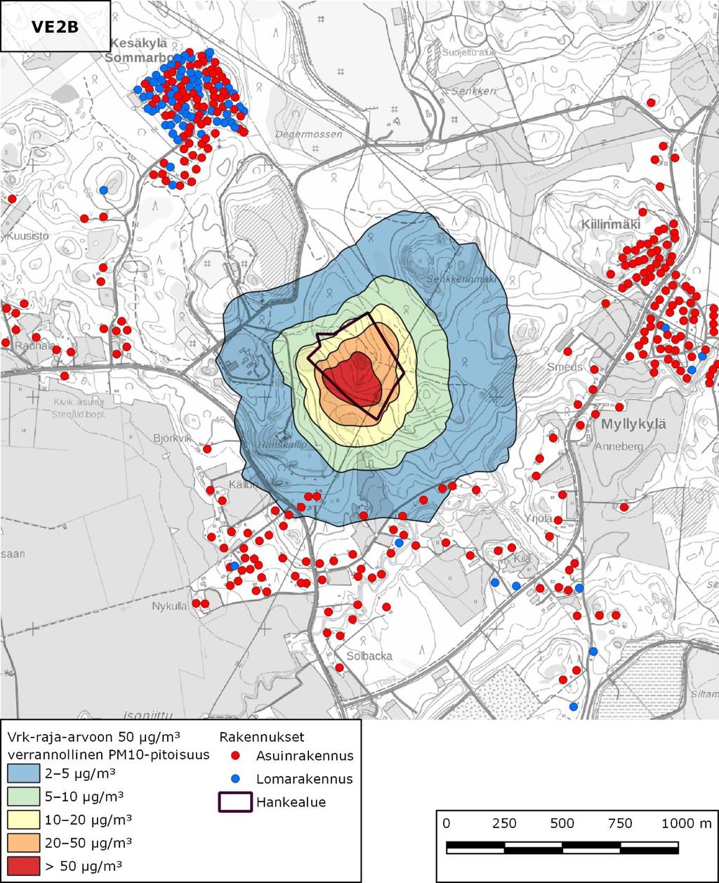 Ympäristövaikutusten arviointiselostus 104 Kuva 12-3. Vaihtoehto VE 2B: Vuorokausiraja-arvoon 50 µg/m 3 verrannolliset PM10-pitoisuudet (vuoden 36. suurin vuorokausiarvo) mallinnuksen mukaan.