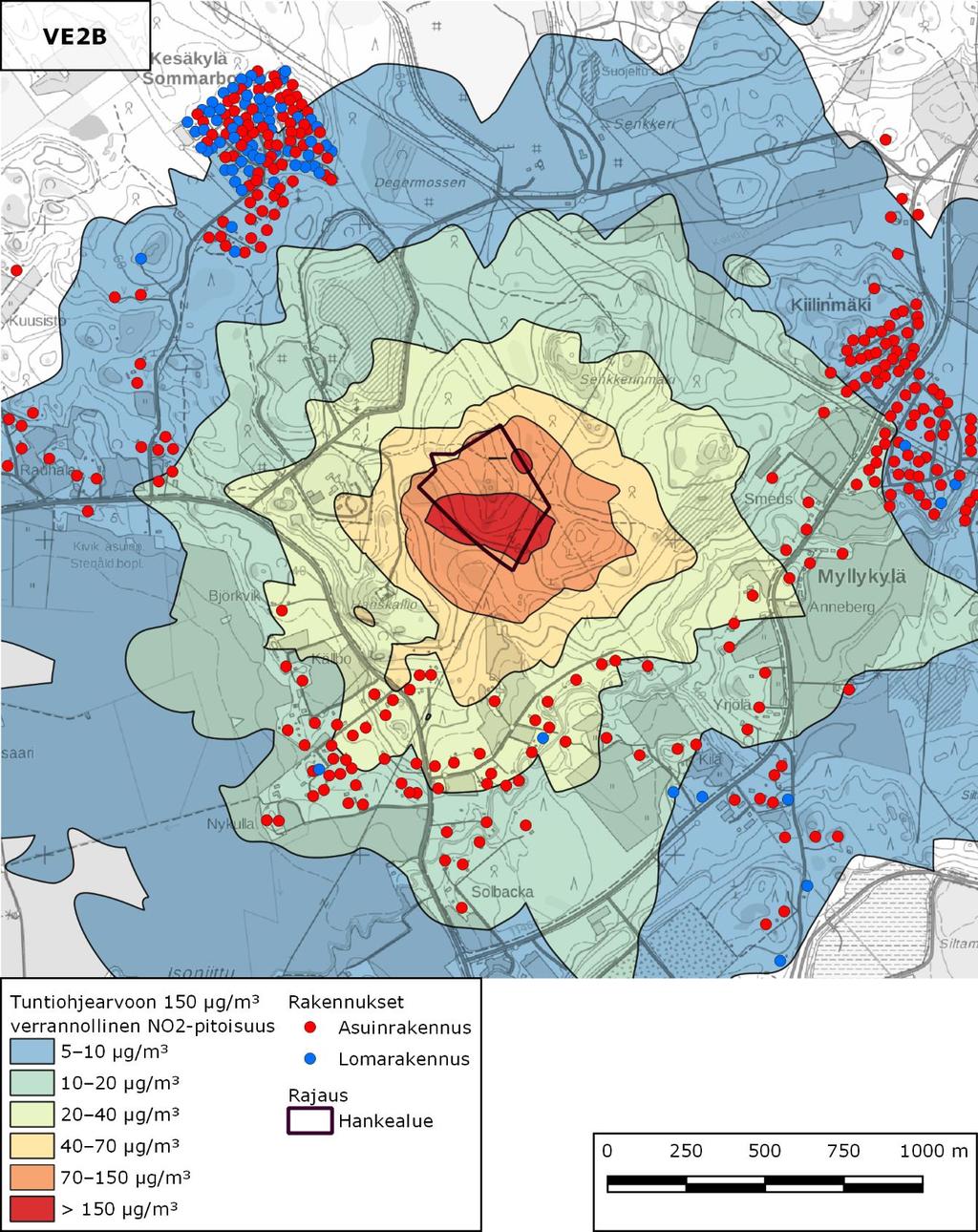 Ympäristövaikutusten arviointiselostus 107 Kuva 12-6. Vaihtoehto VE 2B: Tuntiohjearvoon 150 µg/m 3 verrannolliset NO2-pitoisuudet (kuukauden tuntiarvojen 99.