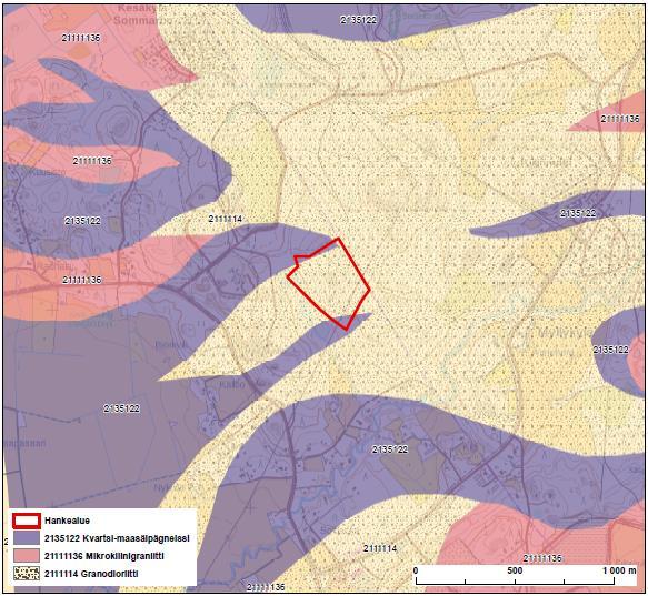 Ympäristövaikutusten arviointiselostus 113 Kuva 13-3. Kallioperäkartta hanke alueelta ja sen ympäristöstä. Bild 13-3. Berggrundskarta för projektområdet och dess omgivning.