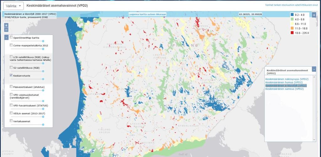 STATUS-järjestelmään), VESLA-asemat sekä vertailuasemat. Kaikkien näiden tasojen tiedot näkyvät popup-ikkunassa kohdetta napsauttaessa.