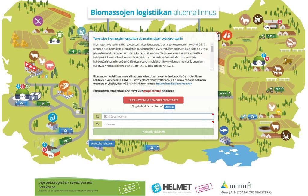 HELMET Aluemallinnus Rekisteröityminen ja tietojen syöttö Google Chrome selaimella