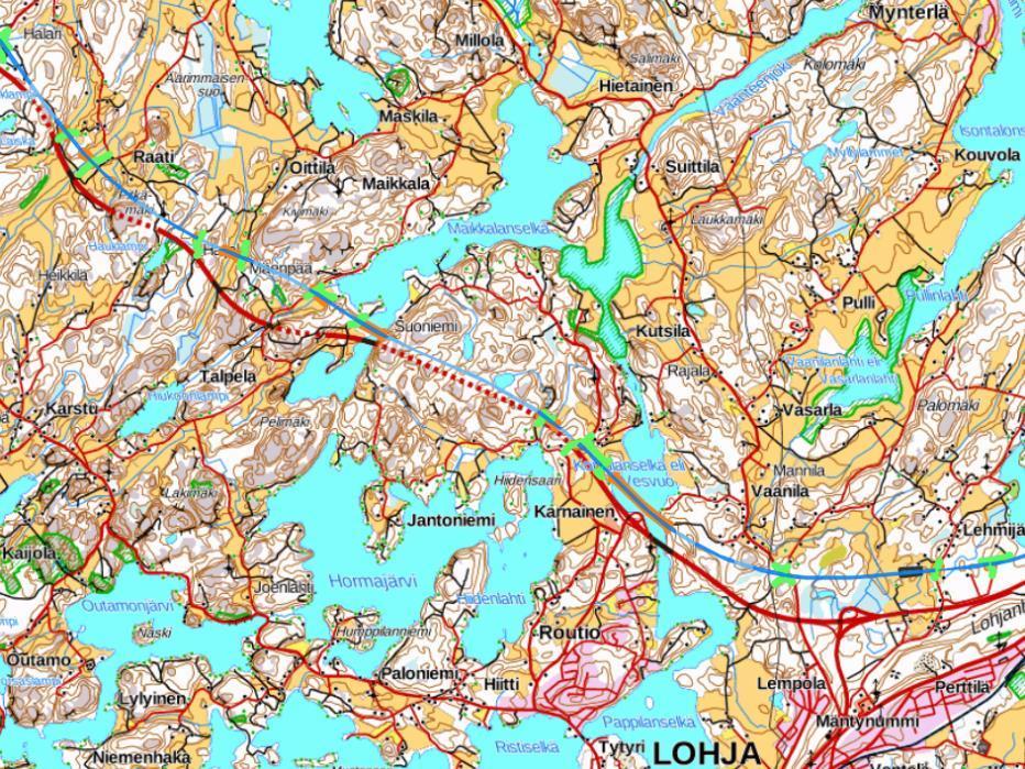 Lohja Suomusjärvi (OT2) suunnitteluosuuden Lohjan alueen itäpää Raidegeometria sallii vaaditun mitoitusnopeuden 300 km/h (R 5000) koko osuudelle, lukuun ottamatta ensimmäistä kaarta Lohjan aseman