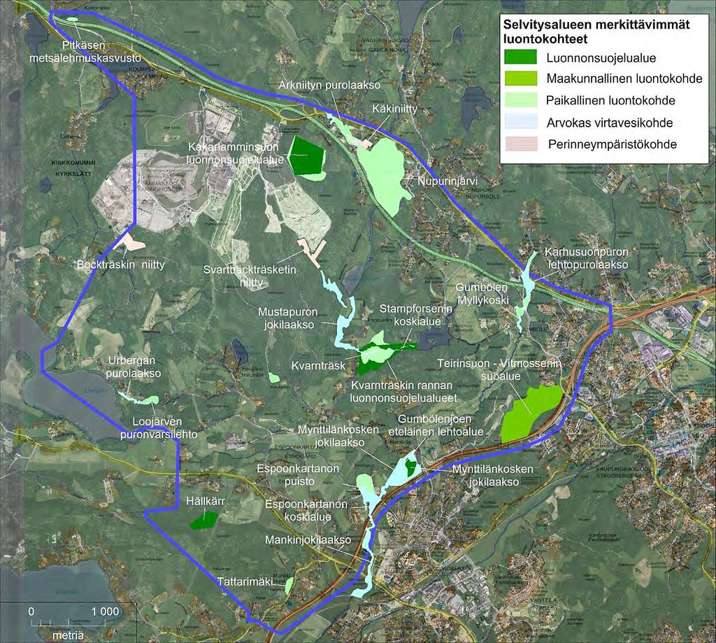 Kuva 4. Selvitysalueen merkittävimmät luontokohteet (lähde: Espoon kaupungin luontotietojärjestelmä).