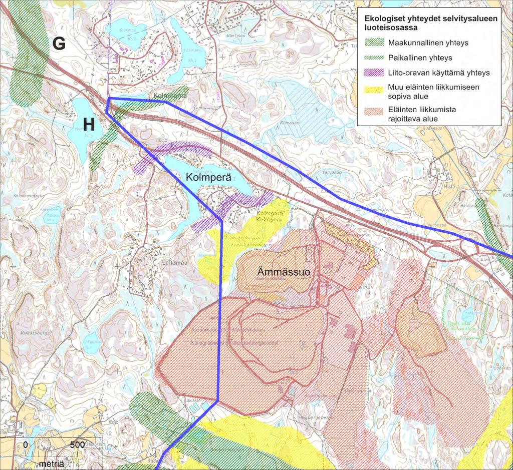 Kuva 13. Nykyiset ekologiset yhteydet selvitysalueen luoteisosassa. Kirjaimet viittaavat tekstiin.