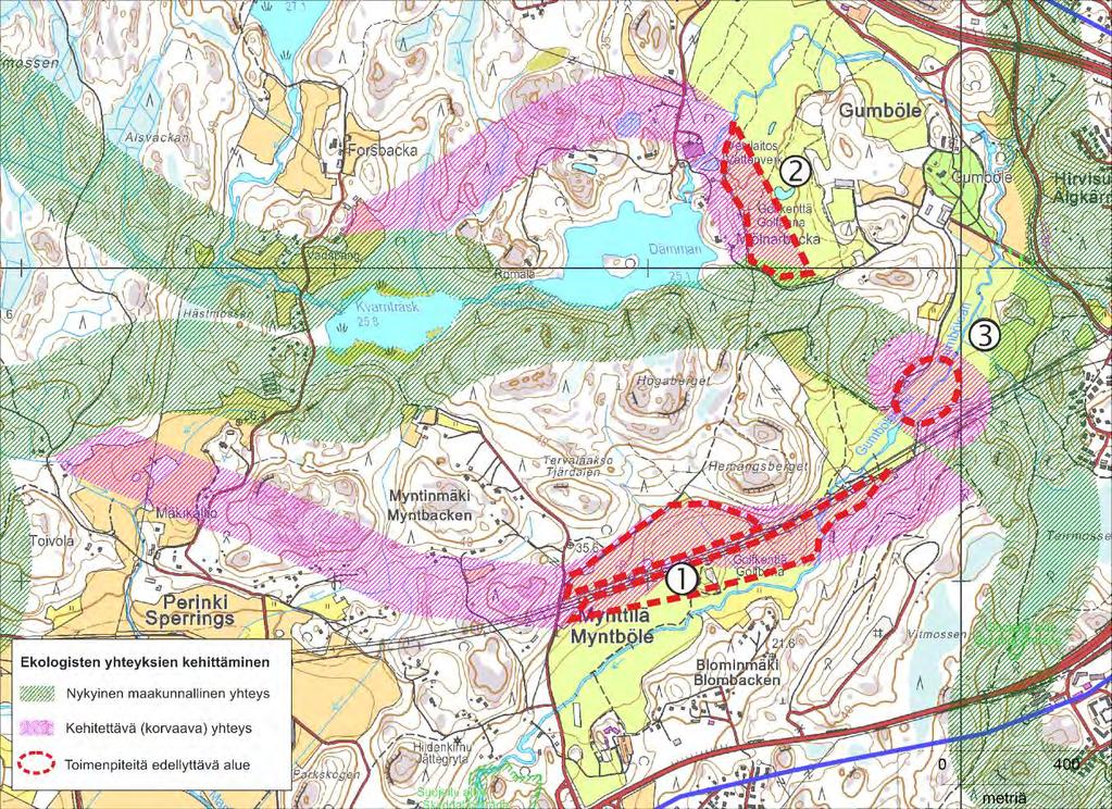 Kuva 19. Nykyinen maakunnallinen yhteys ja sen mahdollinen korvaaminen Mynttilän alueella. 1 = eteläisempi korvaava yhteys, 2 = pohjoisempi korvaava yhteys.