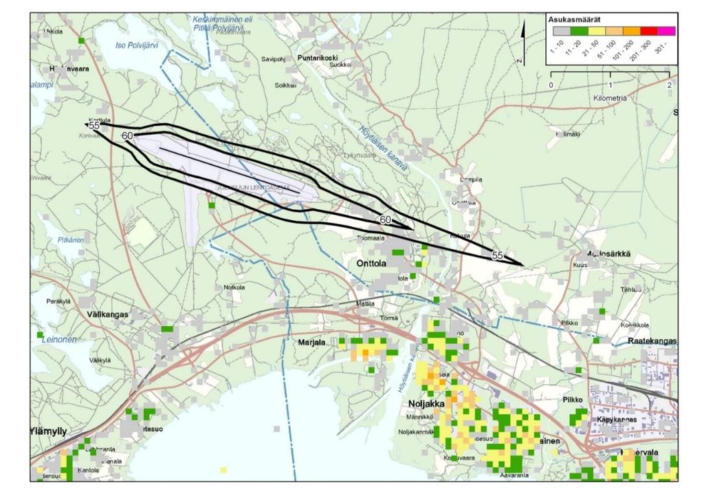 5.6 Lentokoneiden melu Joensuun lentoaseman siviililentoliikenteen Joensuun lentoaseman meluselvitys on tehty vuonna 2001 (Ilmailulaitos, Joensuun lentoasema, lentokonemelualueet nykytilanteessa 2000