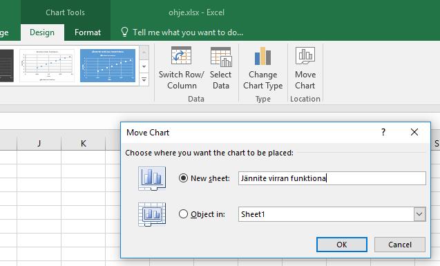 3.5 Kuvan sijainti Excel luo kuvan automaattisesti objektina laskentataulukkoon, mutta kuvan sijaintia on mahdollista vaihtaa Design välilehdellä, jonka työkaluriviltä löytyy komento siirrä kaavio