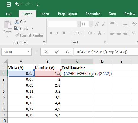 1.2 Esimerkki kaavalla laskemisesta Excelillä Useissa tapauksissa on järkevää käyttää Exceliä juuri siihen, mihin se on tarkoitettukin, eli taulukkolaskentaan.