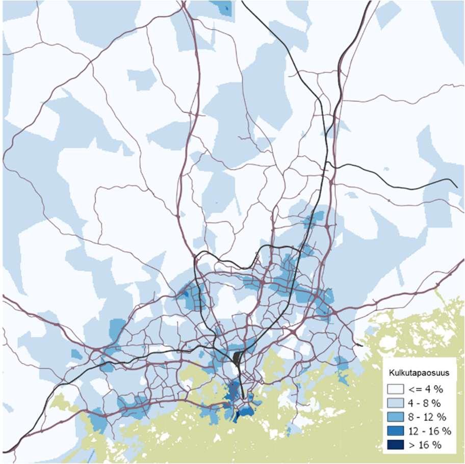13 Kuva 7 B2C-mallilla toteutetun kyytien jakamisen kulkutapaosuus moottoroiduista matkoista (vasemmalla) ja matkatiheys (oikealla) seudulla. 3.2.3 Autojen yhteiskäyttö C2C C2C-mallilla tarjotut yhteiskäyttöiset autot palvelevat pääosin arjen ulkopuolisia matkoja, joita tarkastelun lähtöaineisto ei mallinna tarkasti.
