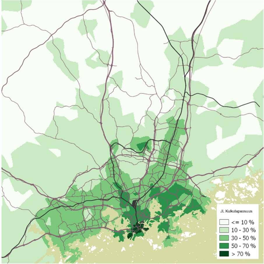 16 Kuva 10 Nykytyyppisen joukkoliikenteen (vasemmalla) ja yksityisomisteisen henkilöauton (oikealla) kulkutapaosuus moottoroiduista matkoista. 3.
