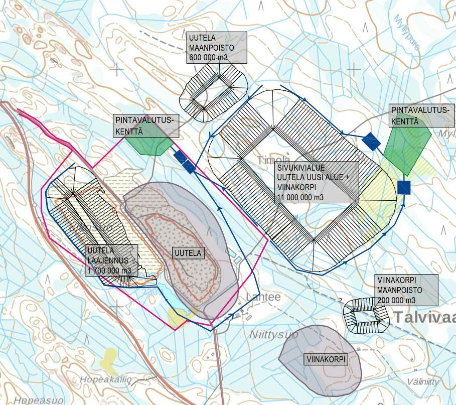 24 Osa Uutelan ja kaikki Viinakorven alueella syntyvät sivukivet läjitetään avolouhoksen vieressä olevalle uudelle alueelle (Kuva 4-3, liite 1).