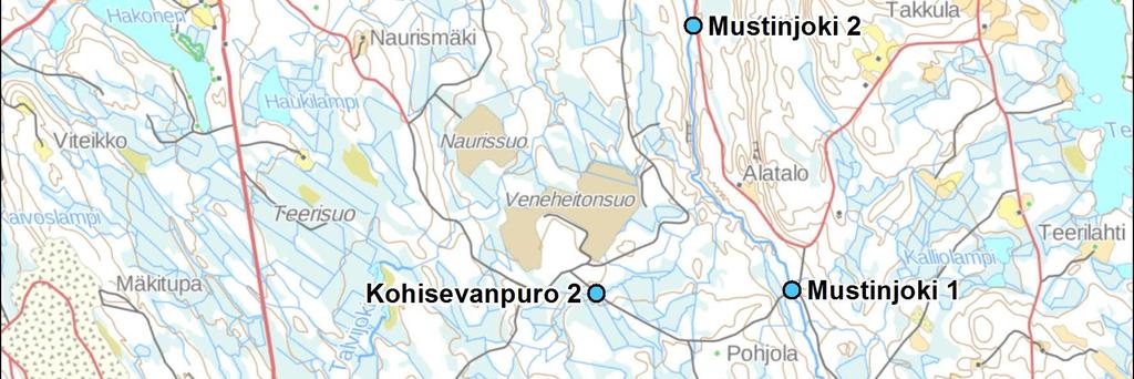 Veden kokonaistyppi-, kokonaisfosfori-, nikkeli- ja rautapitoisuudet ovat hieman suuremmat Kohisevanpurossa kuin Mustinjoen pisteissä.