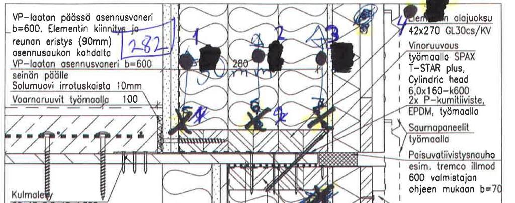 Mittauspiste M282 Ulkoseinänelementin alareunasta 50 mm ylös (pystyleikkaus) M282-1 sisäverhouslevyjen takana M282-2 eristeessä
