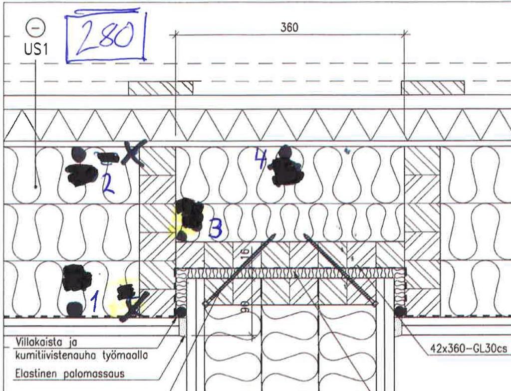 Mittauspiste M280 Väliseinän liittymä ulkoseinään (vaakaleikkaus) M280-1 liitoksen vieressä sisäverhouslevyjen takana M280-2 liitoksen vieressä tuulensuojaeristeen ja