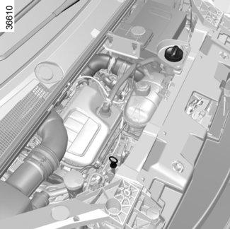 MOOTTORIÖLJYN TASO: moottoriöljyn lisäys, täyttö (2/2)/ÖLJYNVAIHTO Moottoriöljyn lisäys/täyttö Auton tulee olla pysäköitynä vaakasuoralle alustalle, moottori pysähdyksissä ja kylmänä (esim.