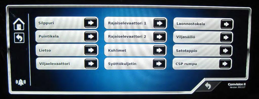 Hälytykset Hälytykset painikkeen avulla voit asettaa puimurin hälytysasetukset: 1 2 3 4 5 6 7 8 9 10 11 12 Silppuri (1) Aseta alaraja Puintikela (2) Aseta alaraja Lietso (3) Aseta alaraja