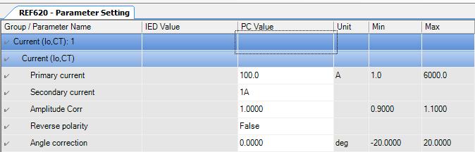 Example of Io channel CT settings (Io, CT). The Min operate current setting is valid only when residual voltage Uo equals to the nominal voltage.