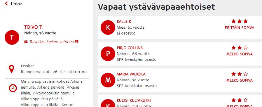 Tällöin asiakkaan kortti aukeaa tarkastelunäkymään ja kortin oikealle puolelle tulevat näkymään vapaat ystävävapaaehtoiset